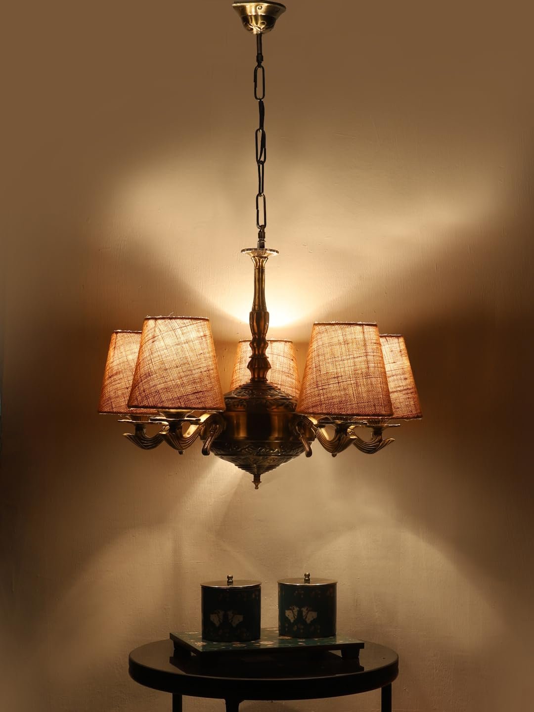 Lights Beige Jute conical Shade with Antique Golden Chandelier