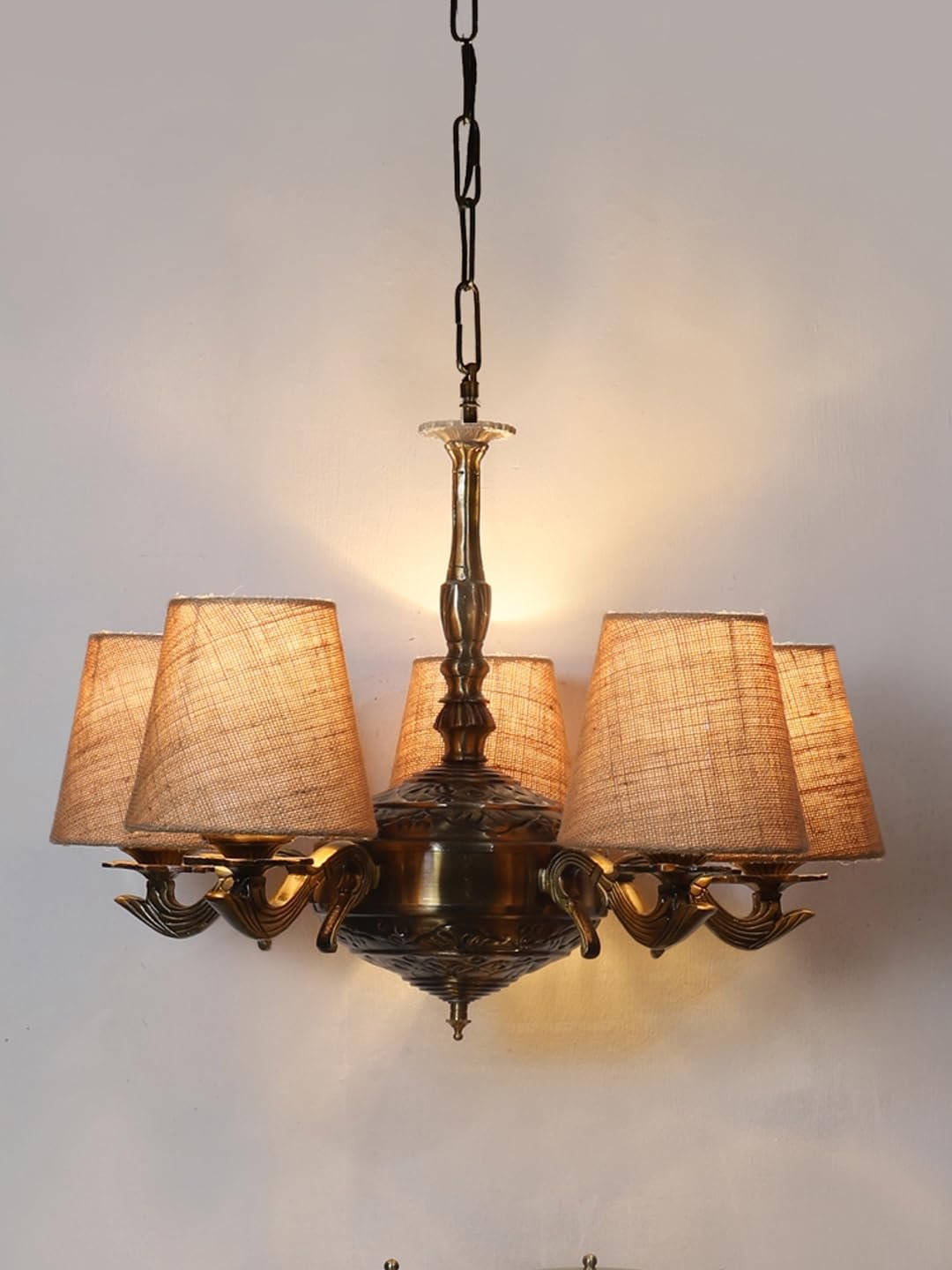 Lights Beige Jute conical Shade with Antique Golden Chandelier