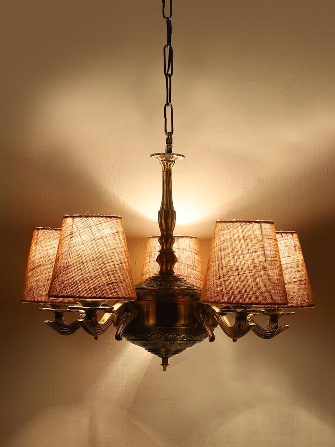 Lights Beige Jute conical Shade with Antique Golden Chandelier