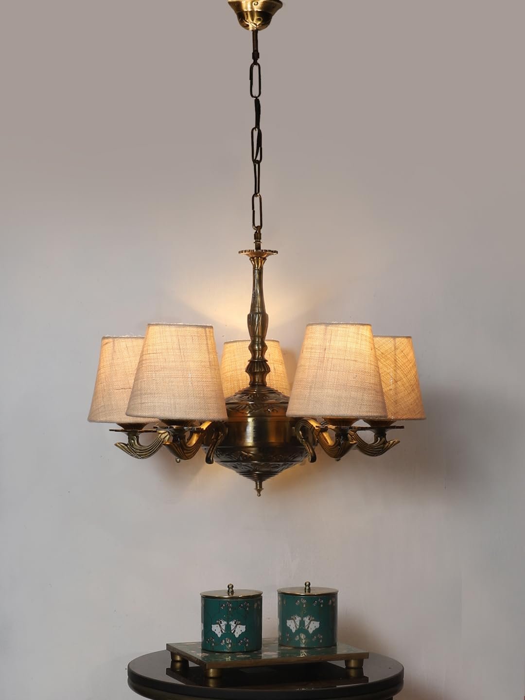 Lights White Jute conical Shade with Antique Golden Chandelier