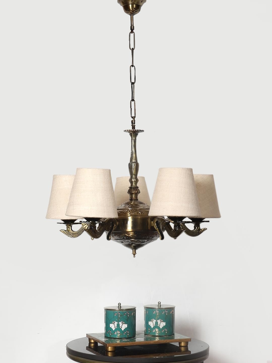 Lights White Jute conical Shade with Antique Golden Chandelier