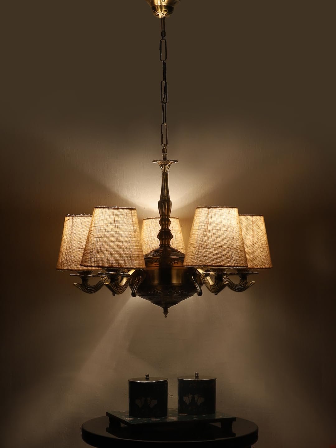 Lights White Jute conical Shade with Antique Golden Chandelier