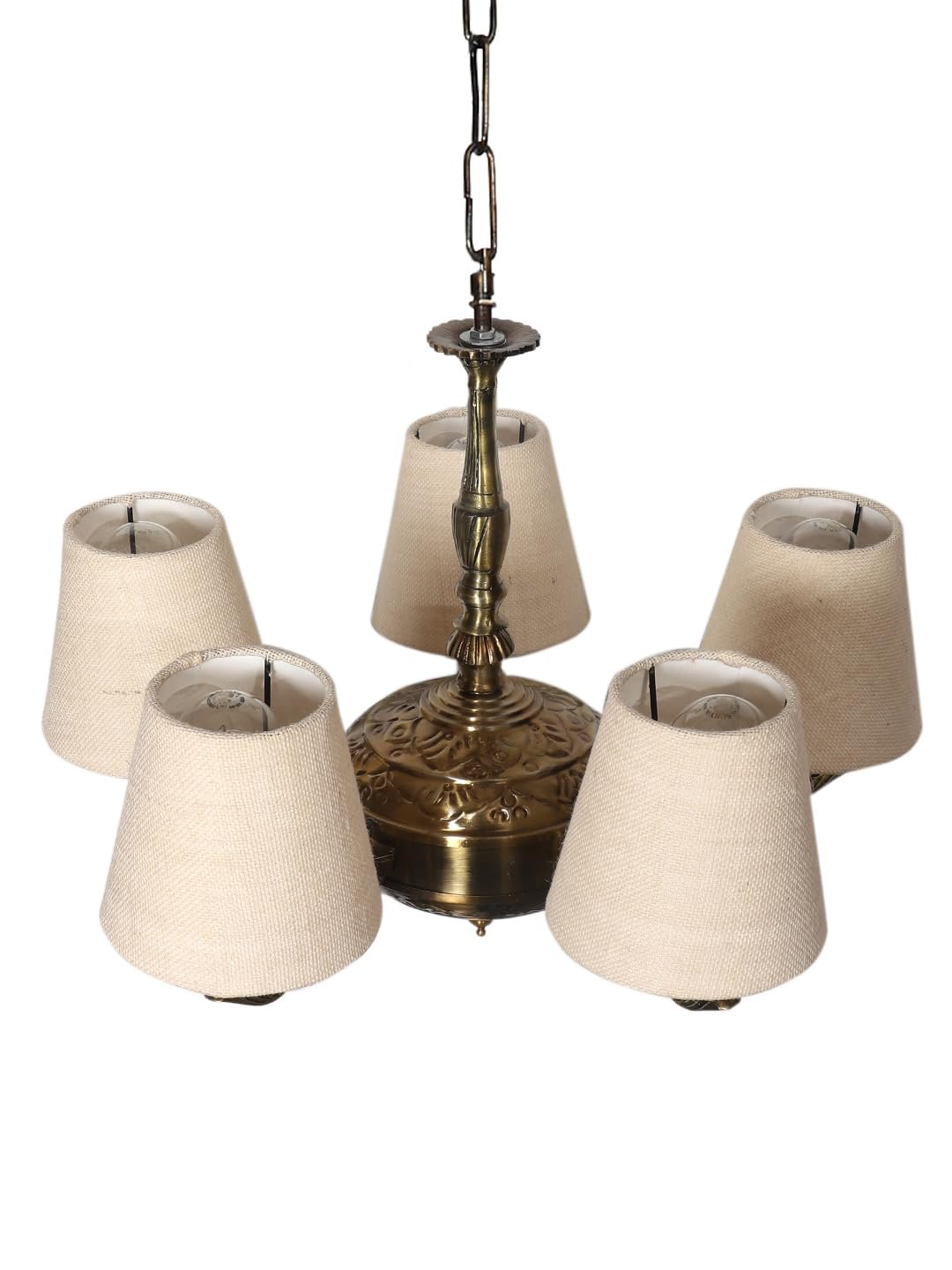Lights White Jute conical Shade with Antique Golden Chandelier