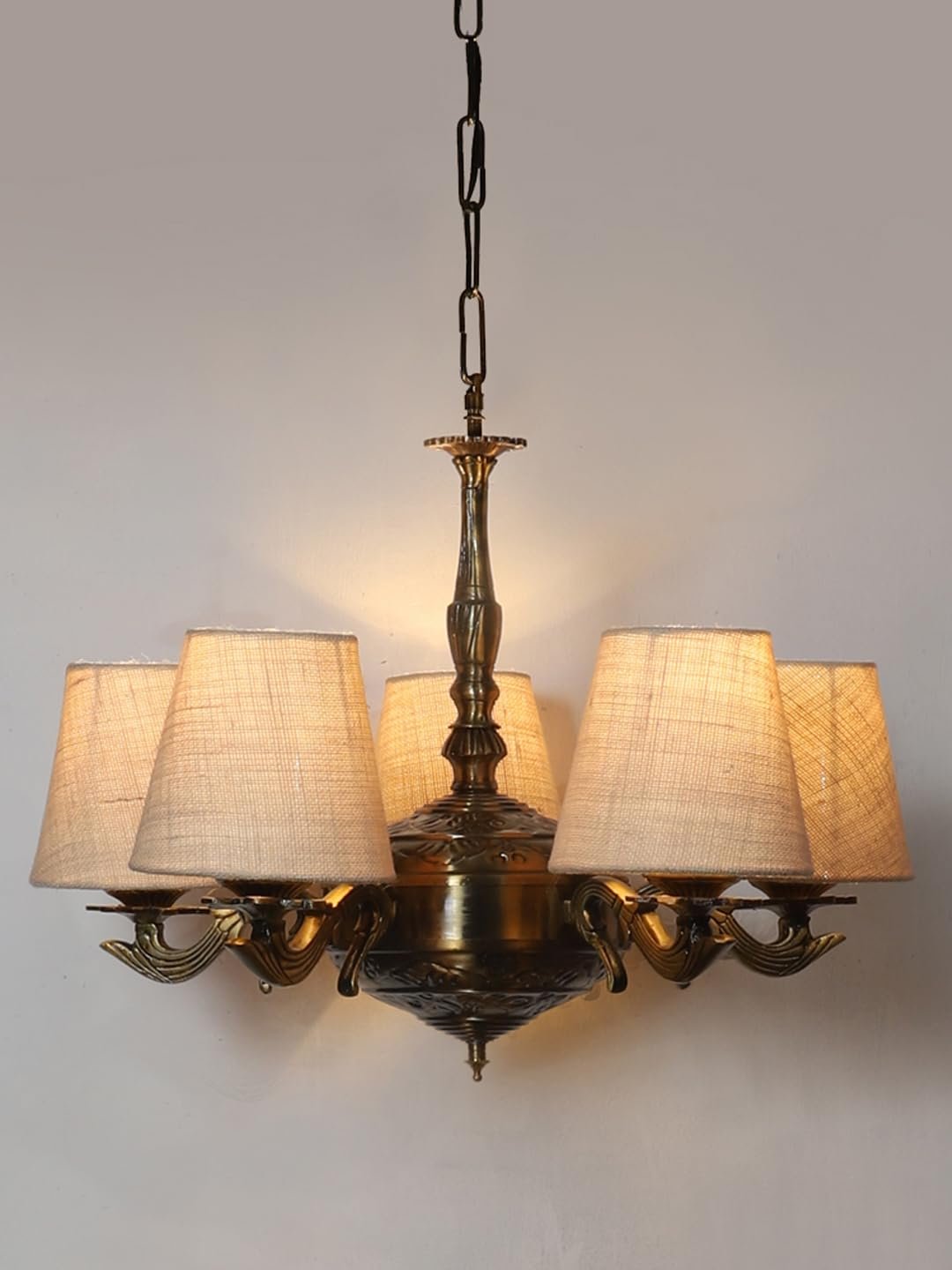 Lights White Jute conical Shade with Antique Golden Chandelier