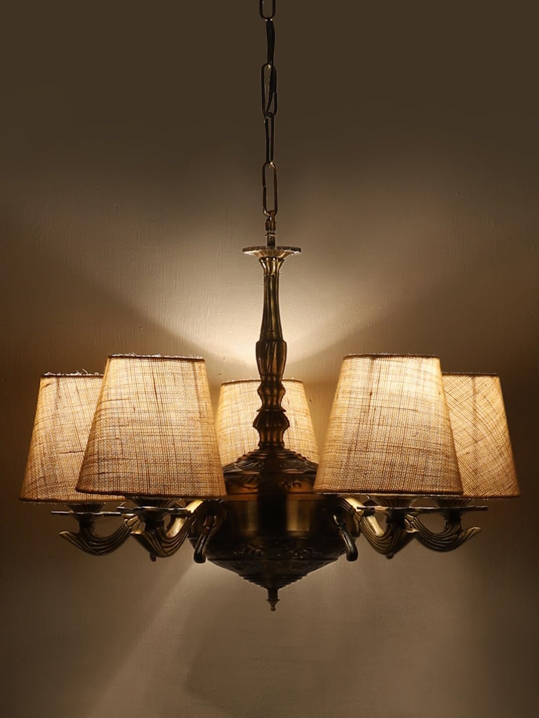 Lights White Jute conical Shade with Antique Golden Chandelier