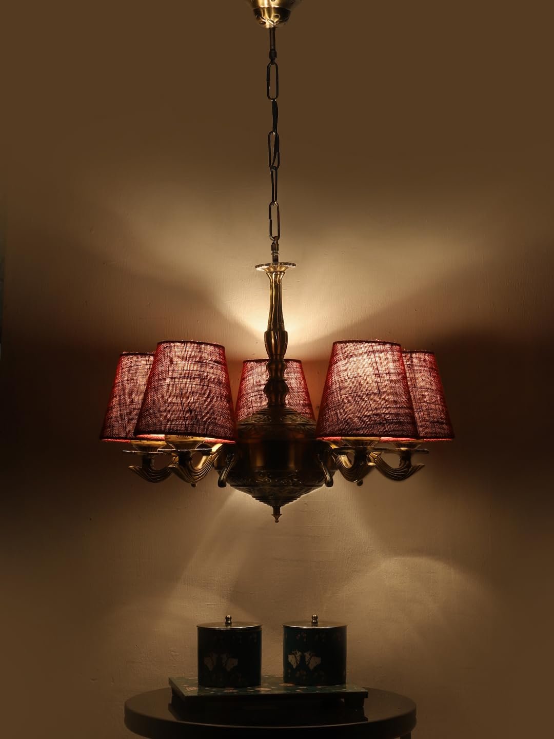 Lights Maroon Jute conical Shade with Antique Golden Chandelier