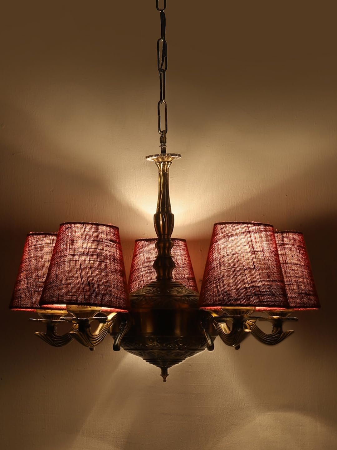 Lights Maroon Jute conical Shade with Antique Golden Chandelier
