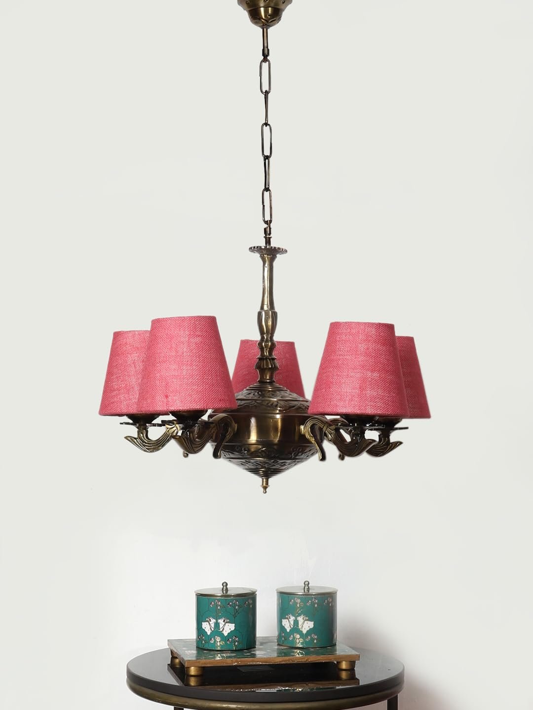 Lights Pink Jute conical Shade with Antique Golden Chandelier