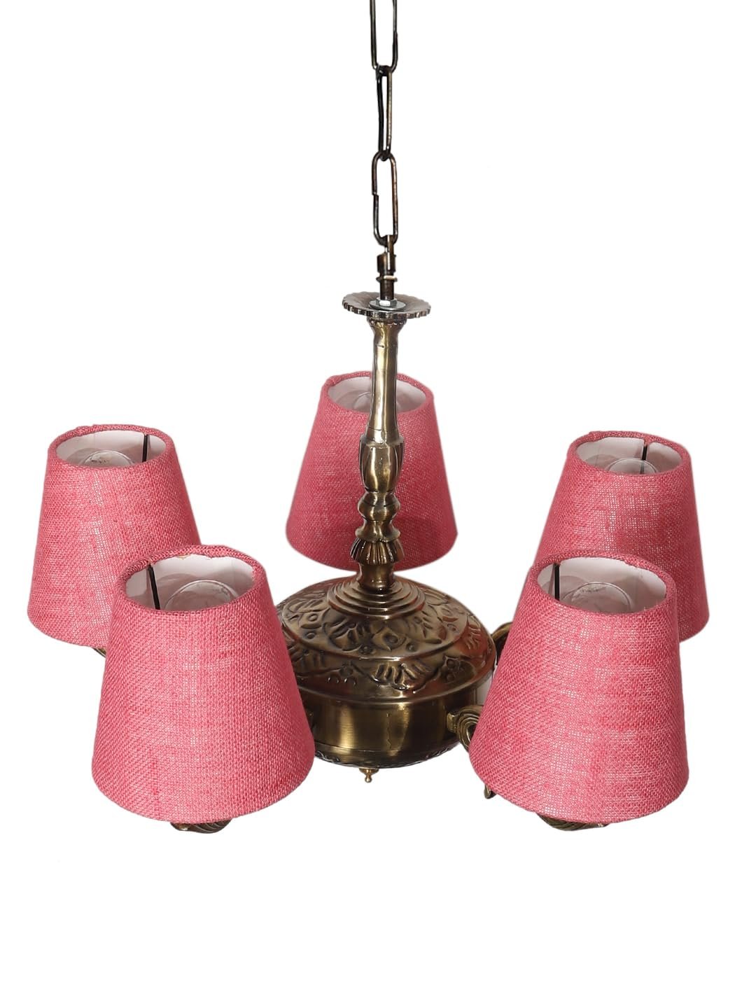 Lights Pink Jute conical Shade with Antique Golden Chandelier