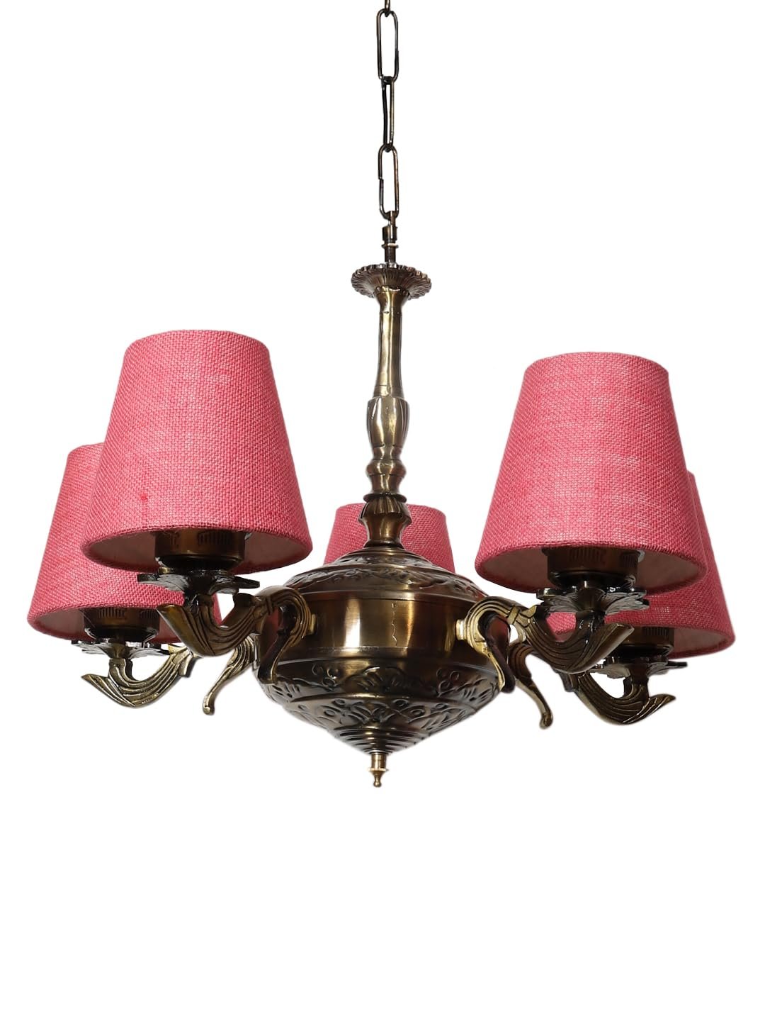 Lights Pink Jute conical Shade with Antique Golden Chandelier