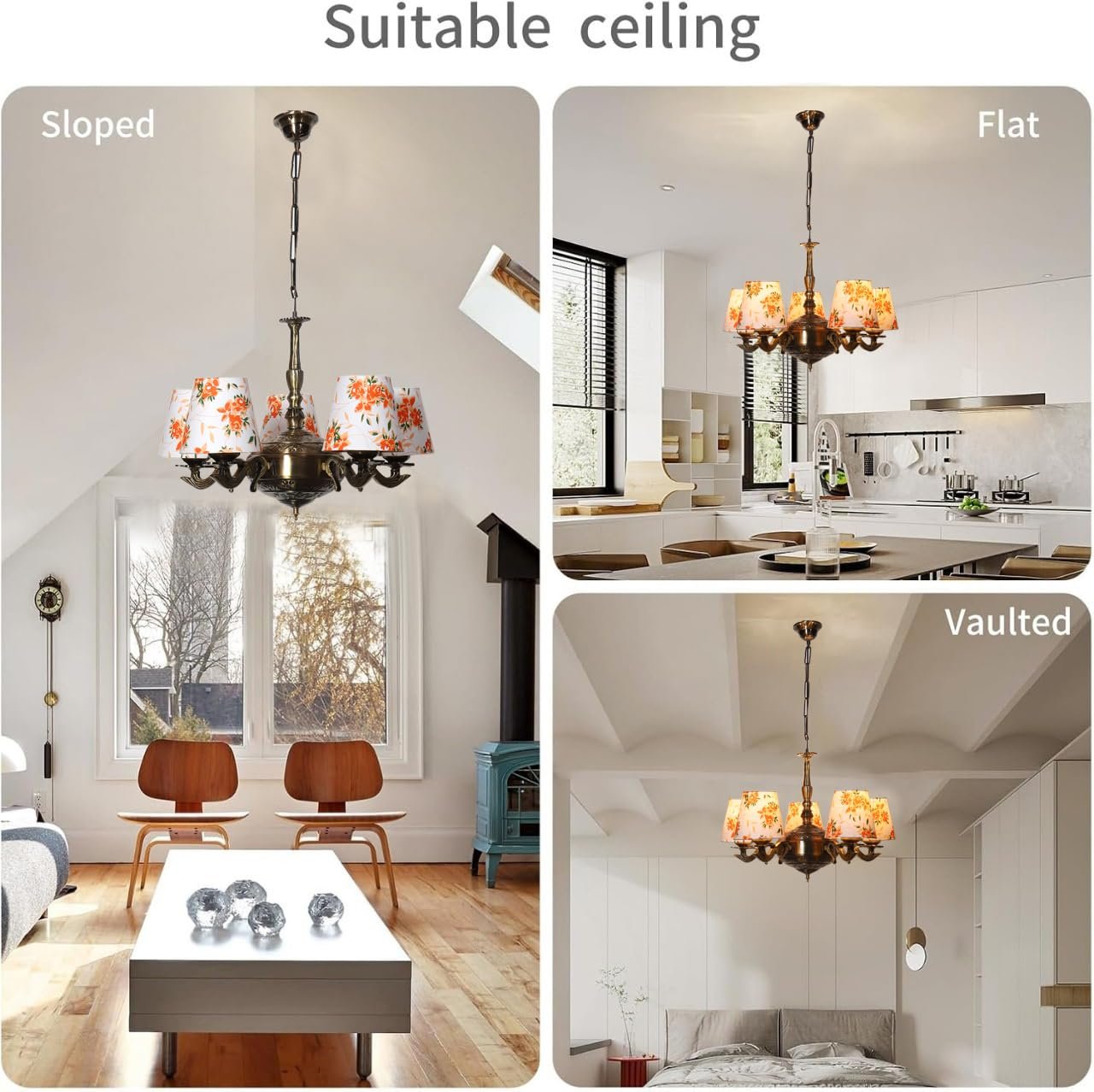 Lights Printed conical Cotton Shade with Antique Golden Chandelier -A