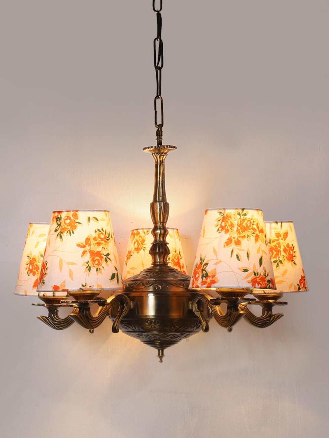 Lights Printed conical Cotton Shade with Antique Golden Chandelier -A