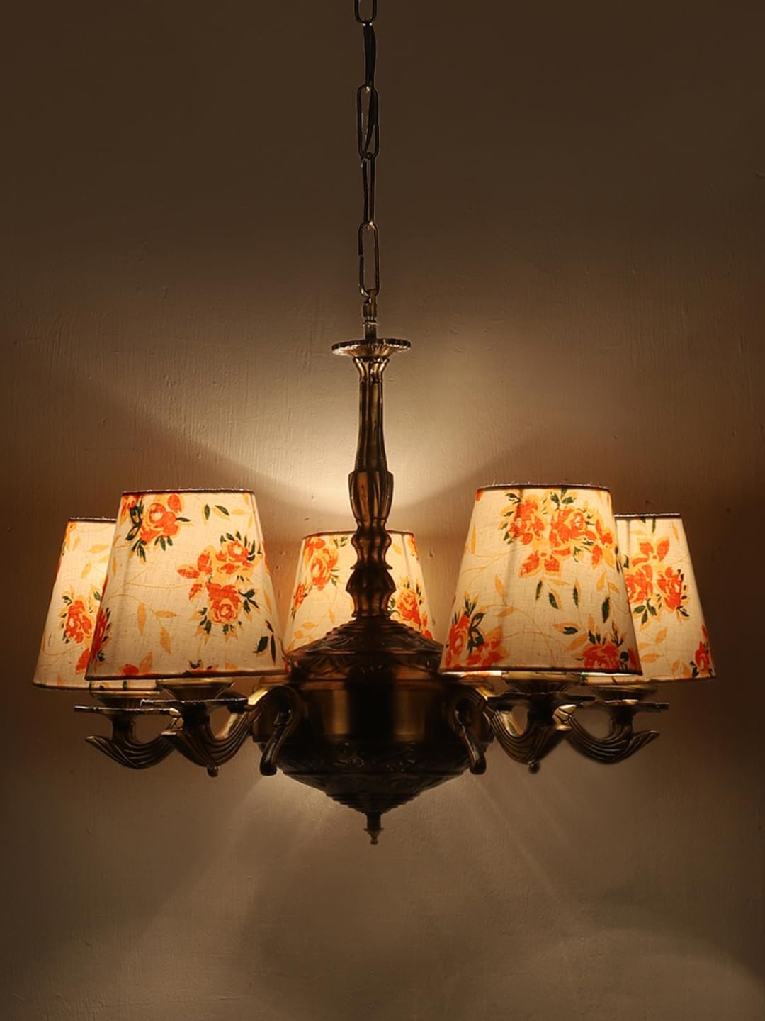 Lights Printed conical Cotton Shade with Antique Golden Chandelier -A