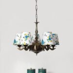 Lights Printed conical Cotton Shade with Antique Golden Chandelier -B