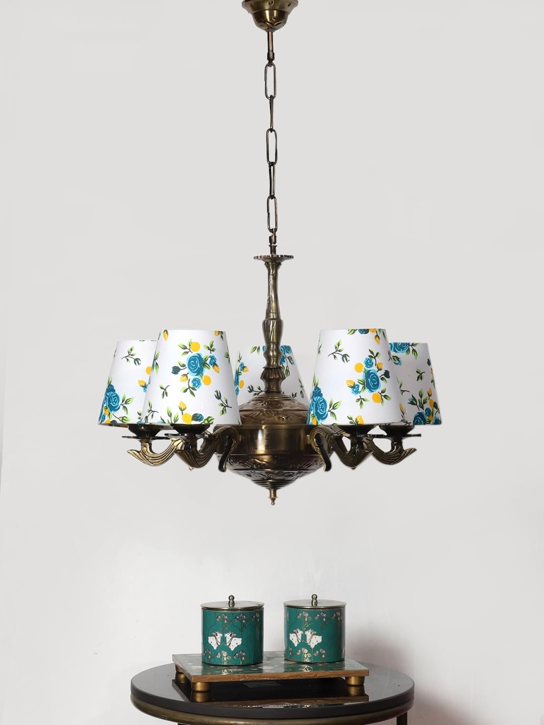 Lights Printed conical Cotton Shade with Antique Golden Chandelier -B