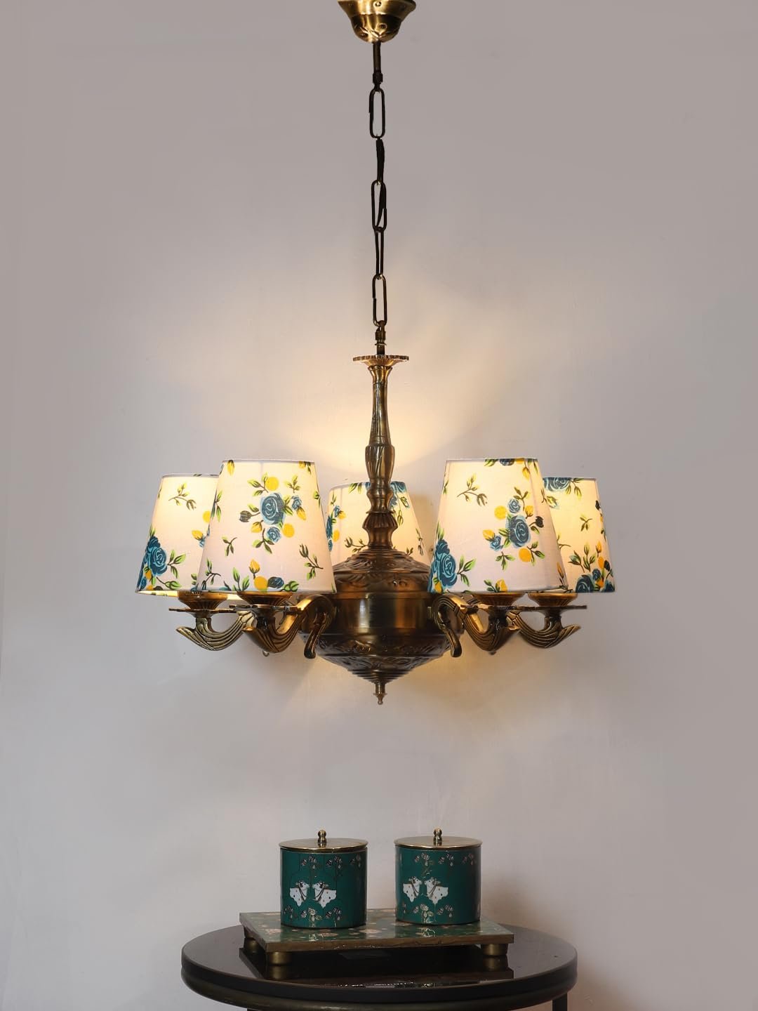 Lights Printed conical Cotton Shade with Antique Golden Chandelier -B