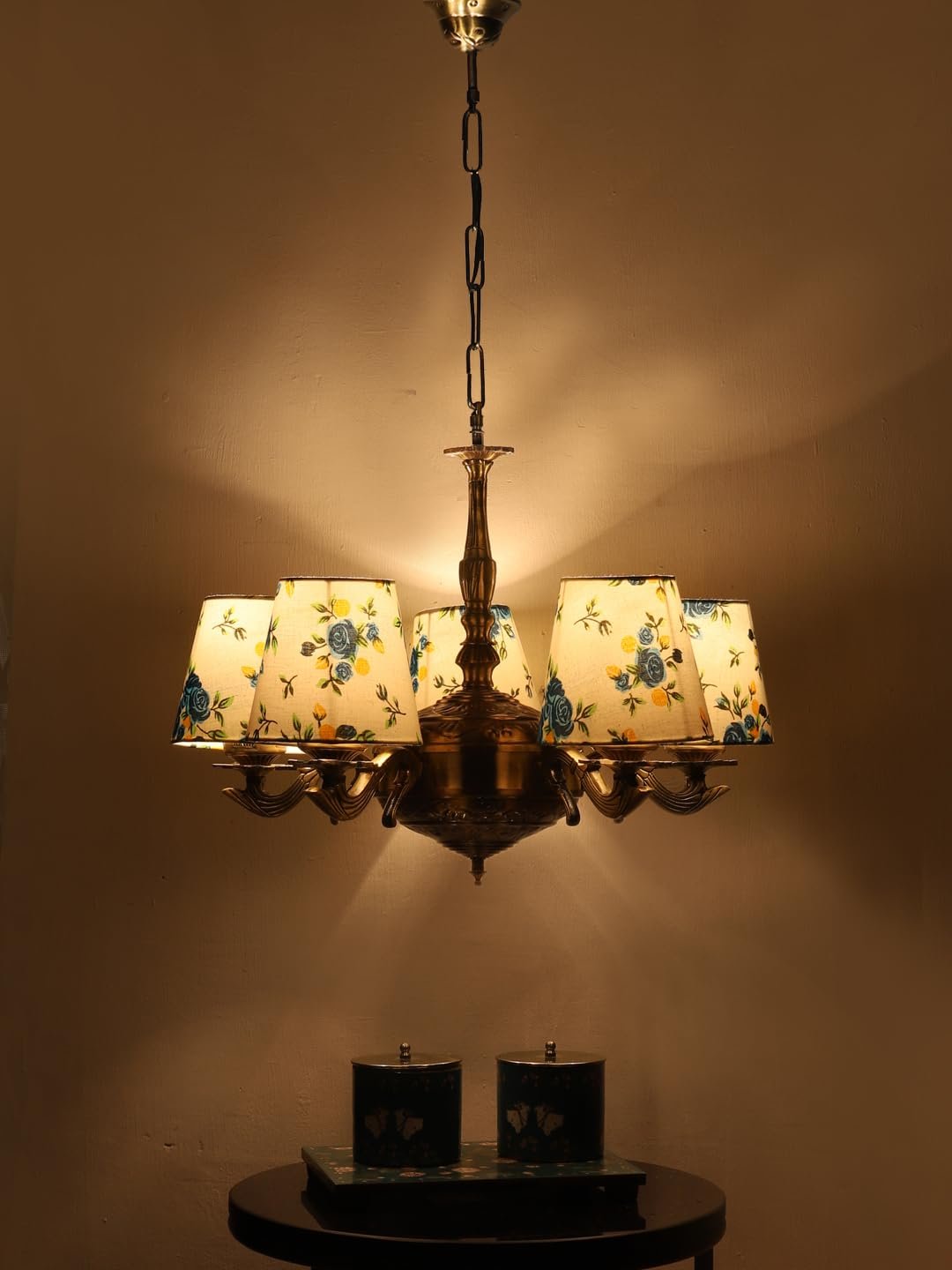 Lights Printed conical Cotton Shade with Antique Golden Chandelier -B