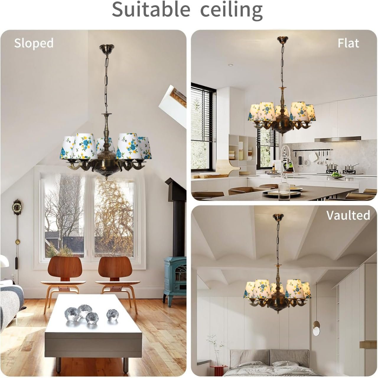 Lights Printed conical Cotton Shade with Antique Golden Chandelier -B