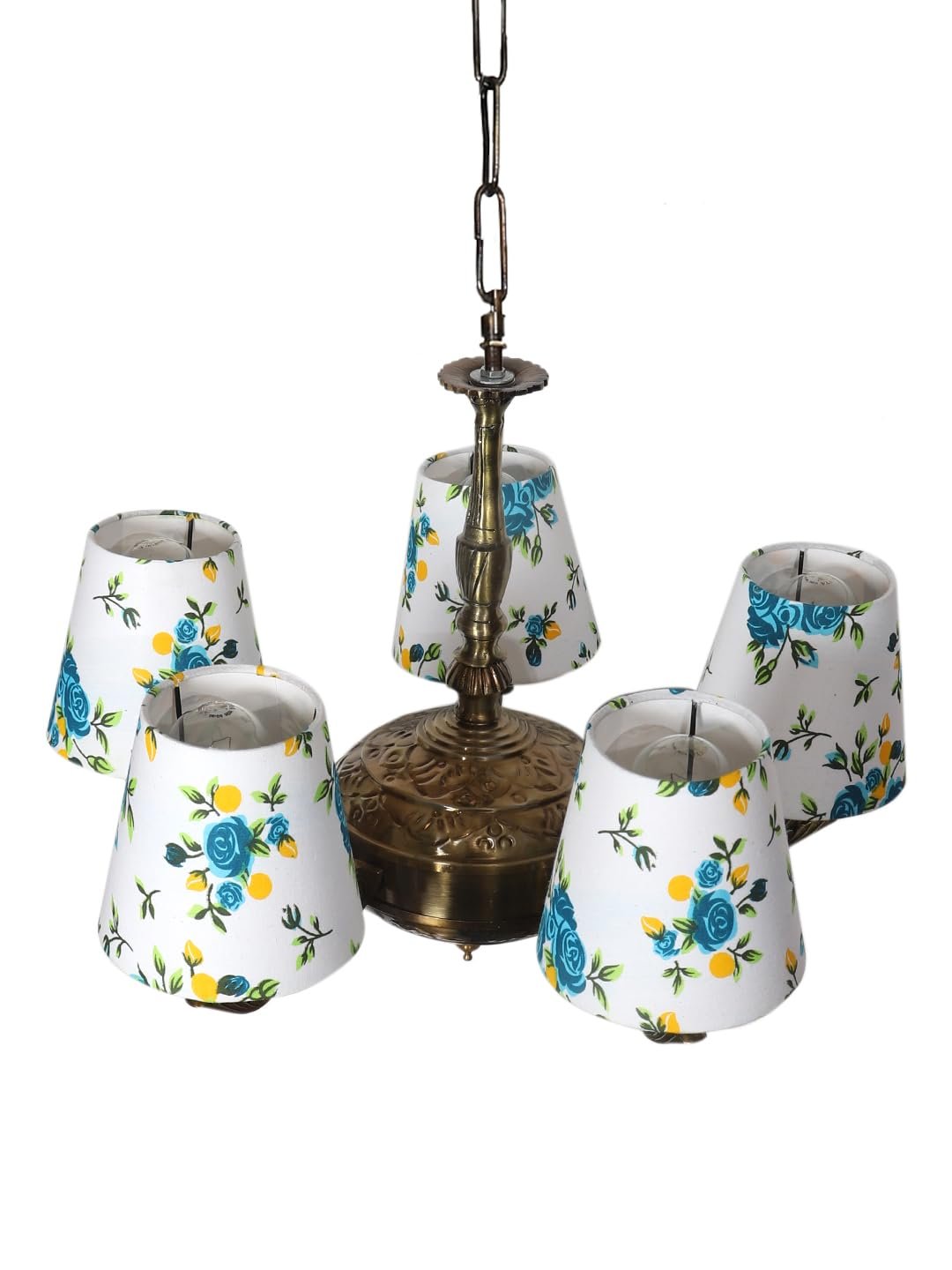 Lights Printed conical Cotton Shade with Antique Golden Chandelier -B