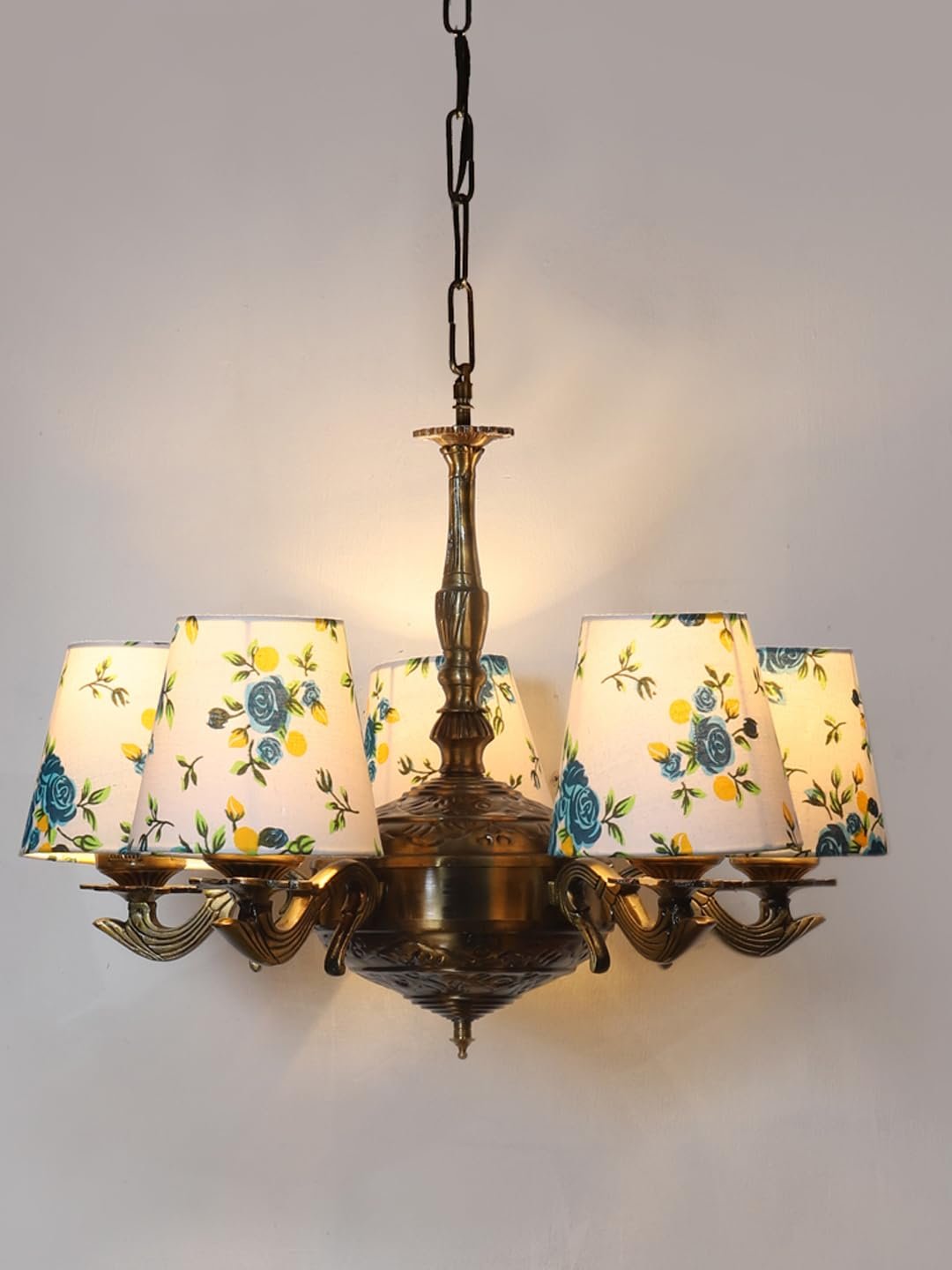 Lights Printed conical Cotton Shade with Antique Golden Chandelier -B