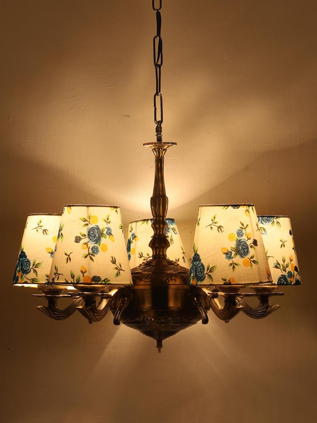 Lights Printed conical Cotton Shade with Antique Golden Chandelier -B