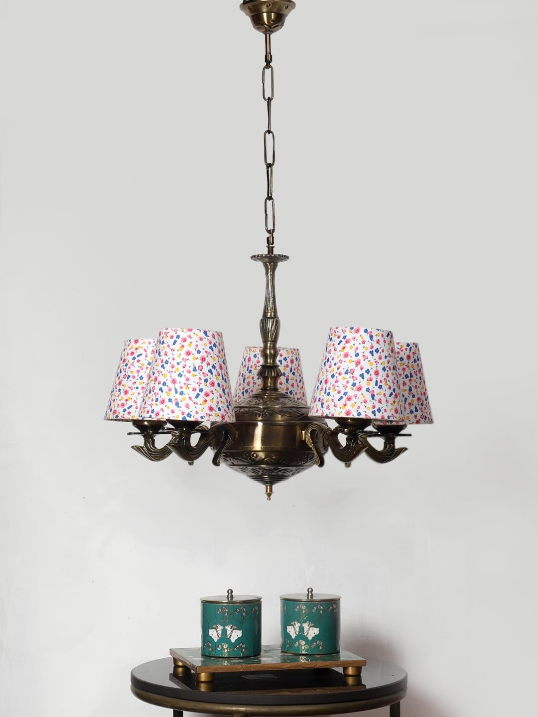 Lights Printed conical Cotton Shade with Antique Golden Chandelier -C