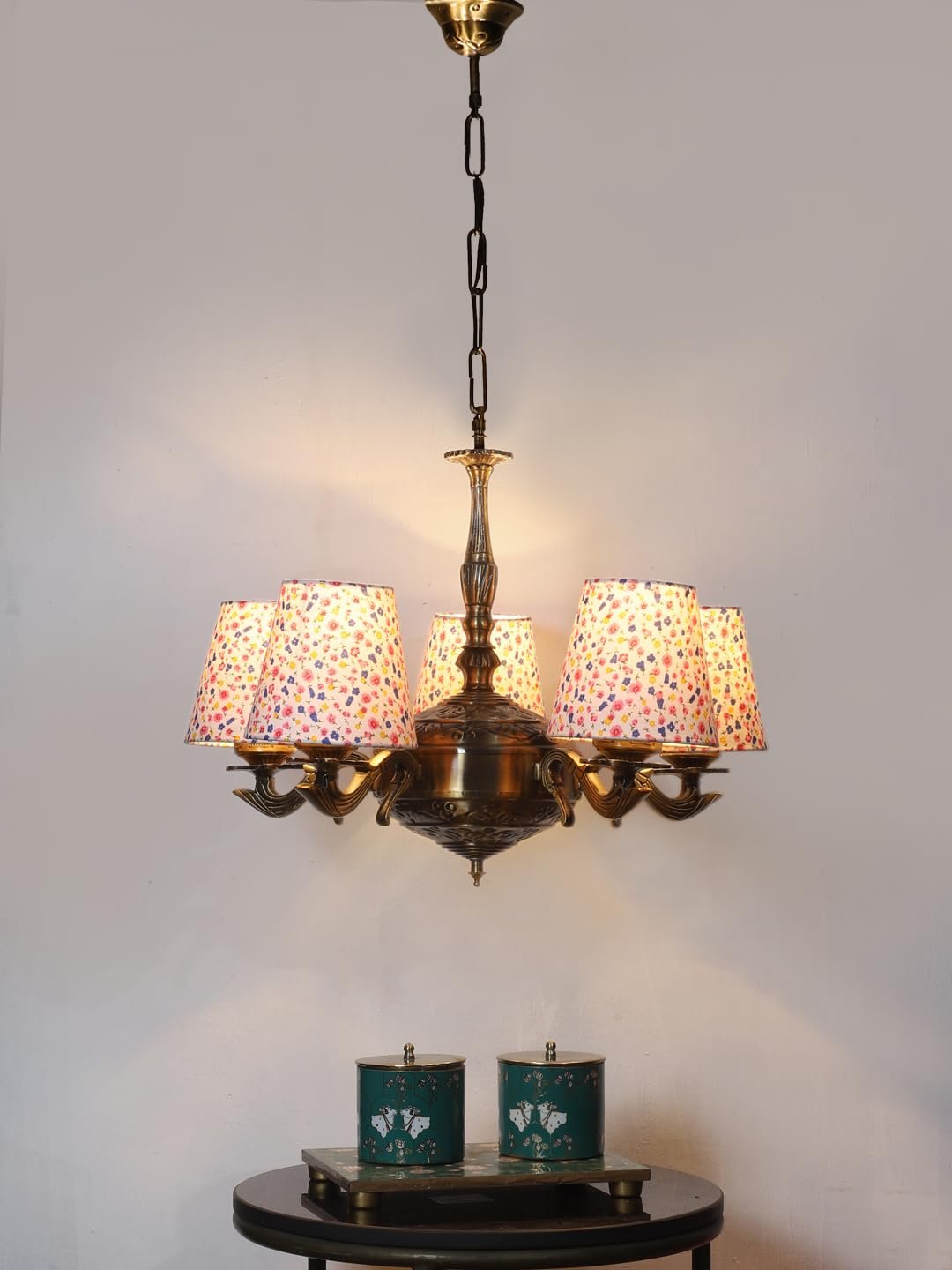 Lights Printed conical Cotton Shade with Antique Golden Chandelier -C