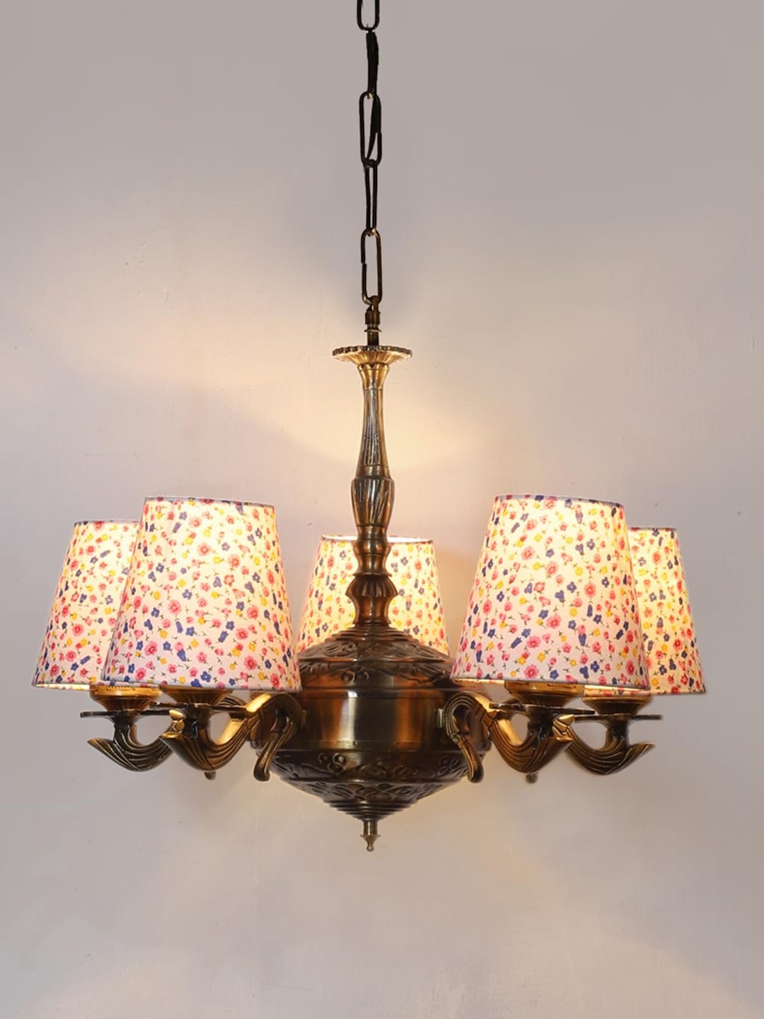 Lights Printed conical Cotton Shade with Antique Golden Chandelier -C