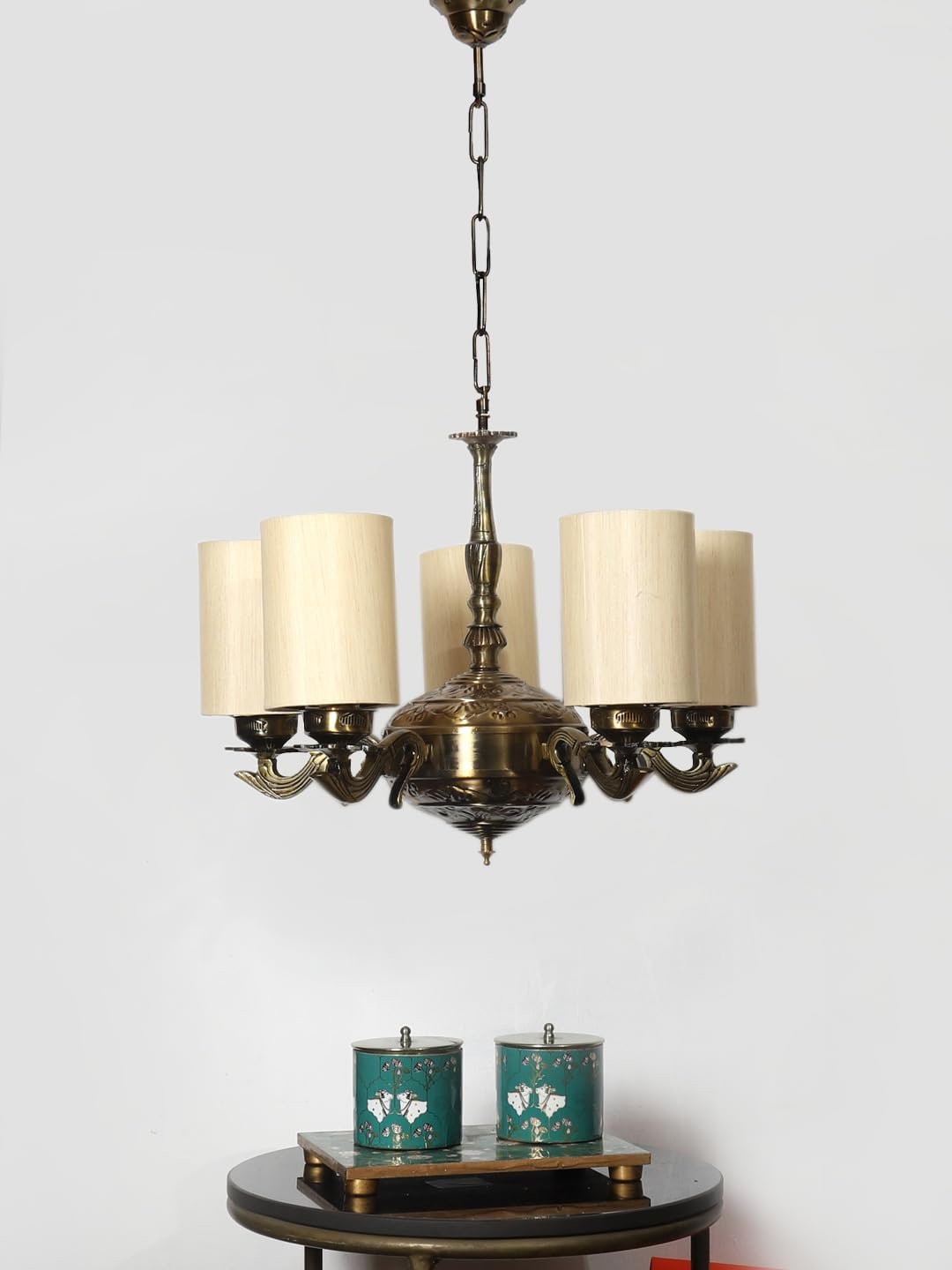 Lights Round Off-White Cotton Shade with Antique Golden Chandelier