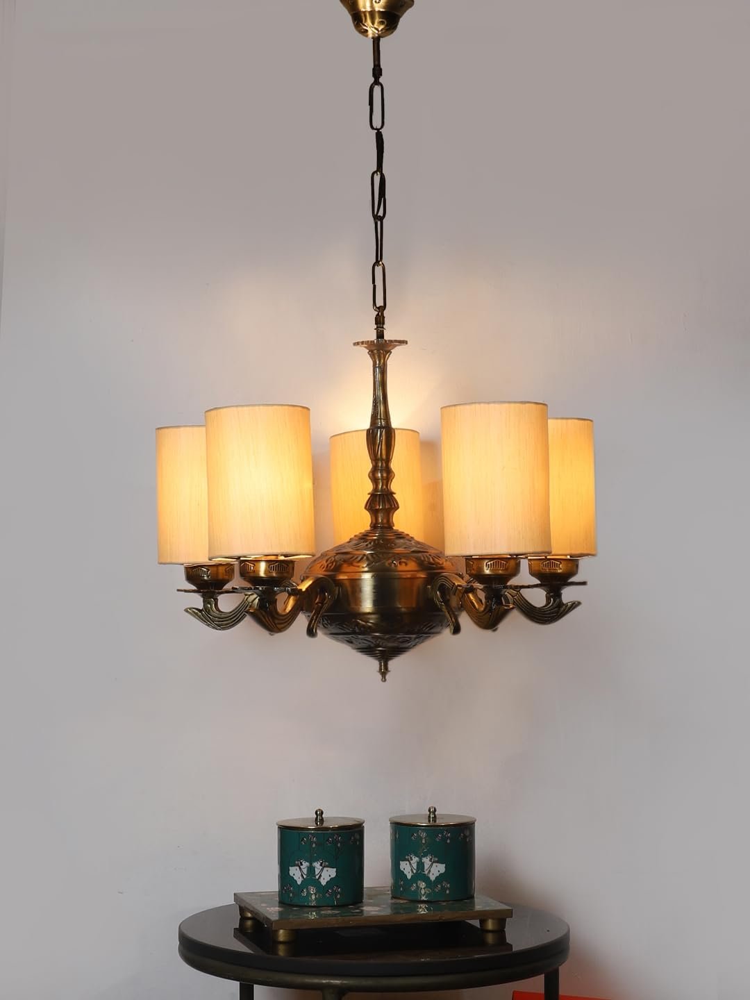 Lights Round Off-White Cotton Shade with Antique Golden Chandelier