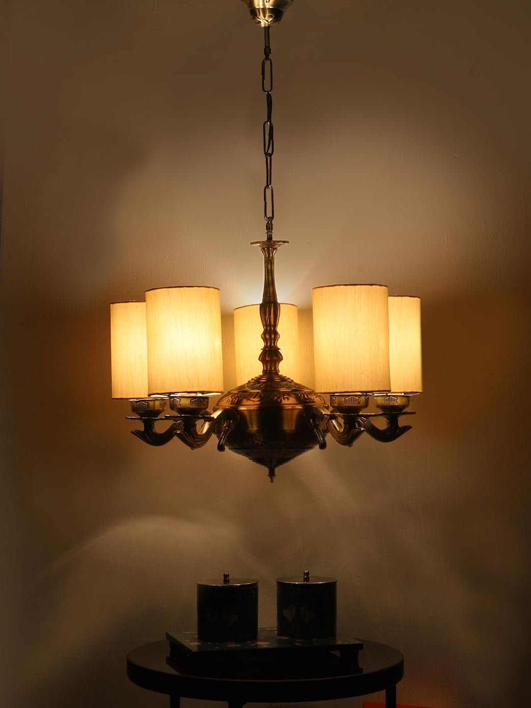 Lights Round Off-White Cotton Shade with Antique Golden Chandelier