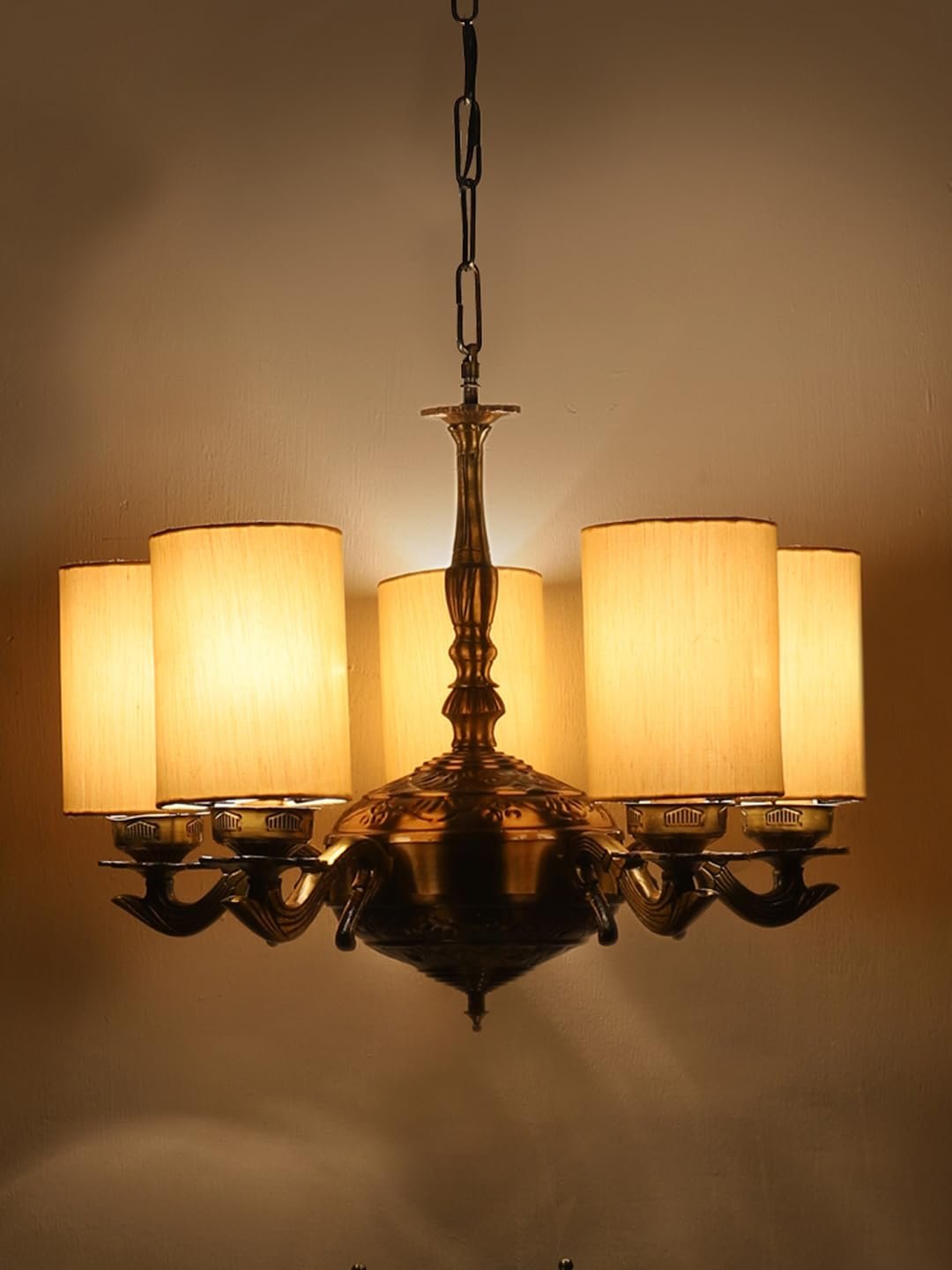 Lights Round Off-White Cotton Shade with Antique Golden Chandelier