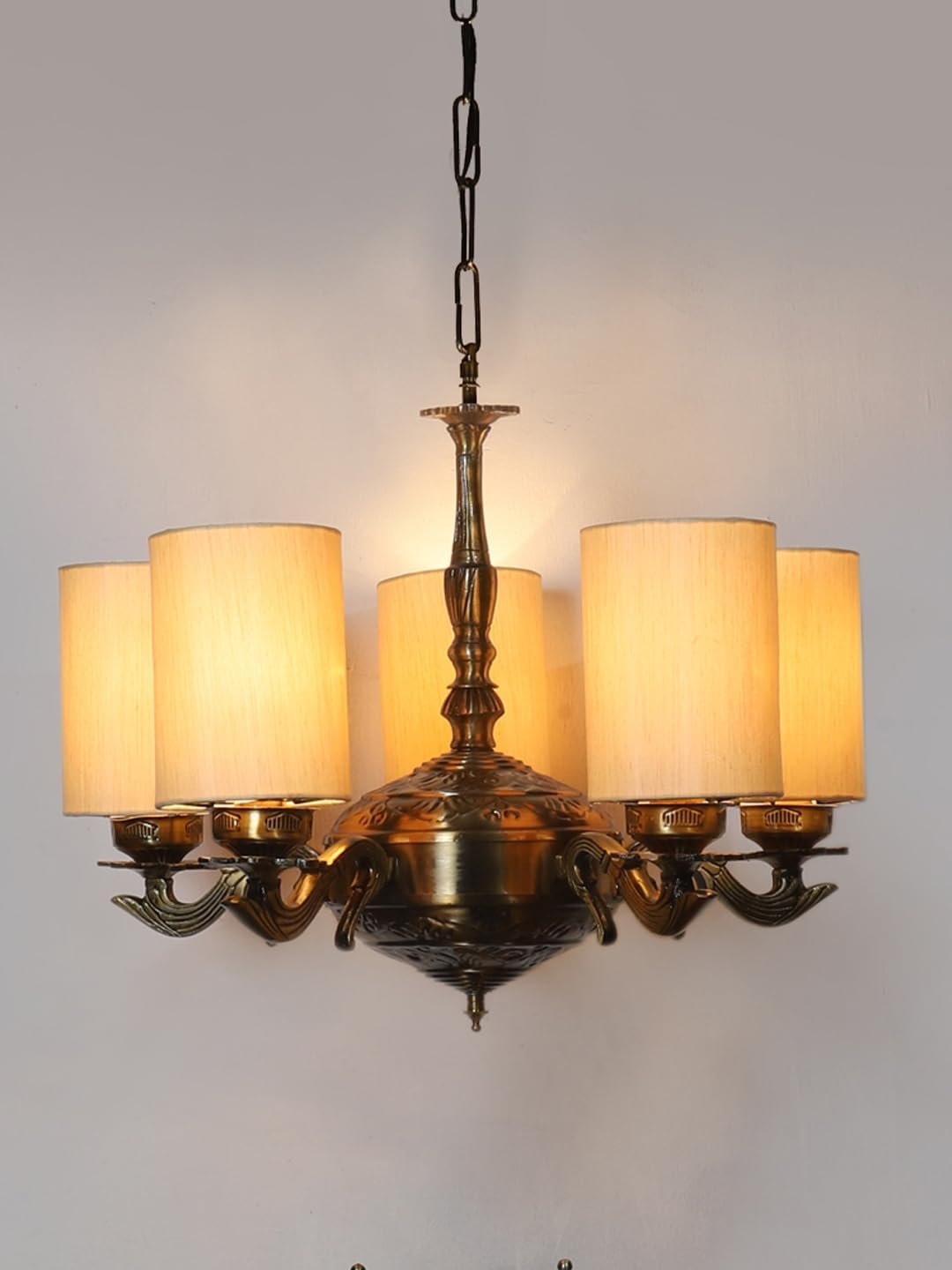 Lights Round Off-White Cotton Shade with Antique Golden Chandelier