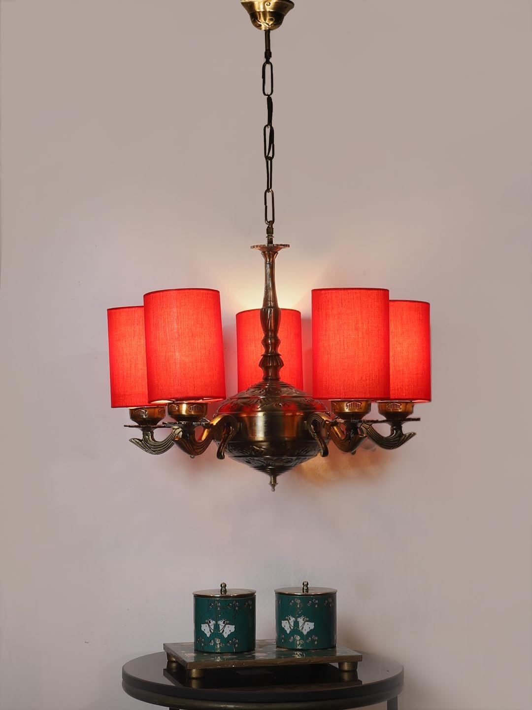 Lights Red Round Cotton Shade with Antique Golden Chandelier