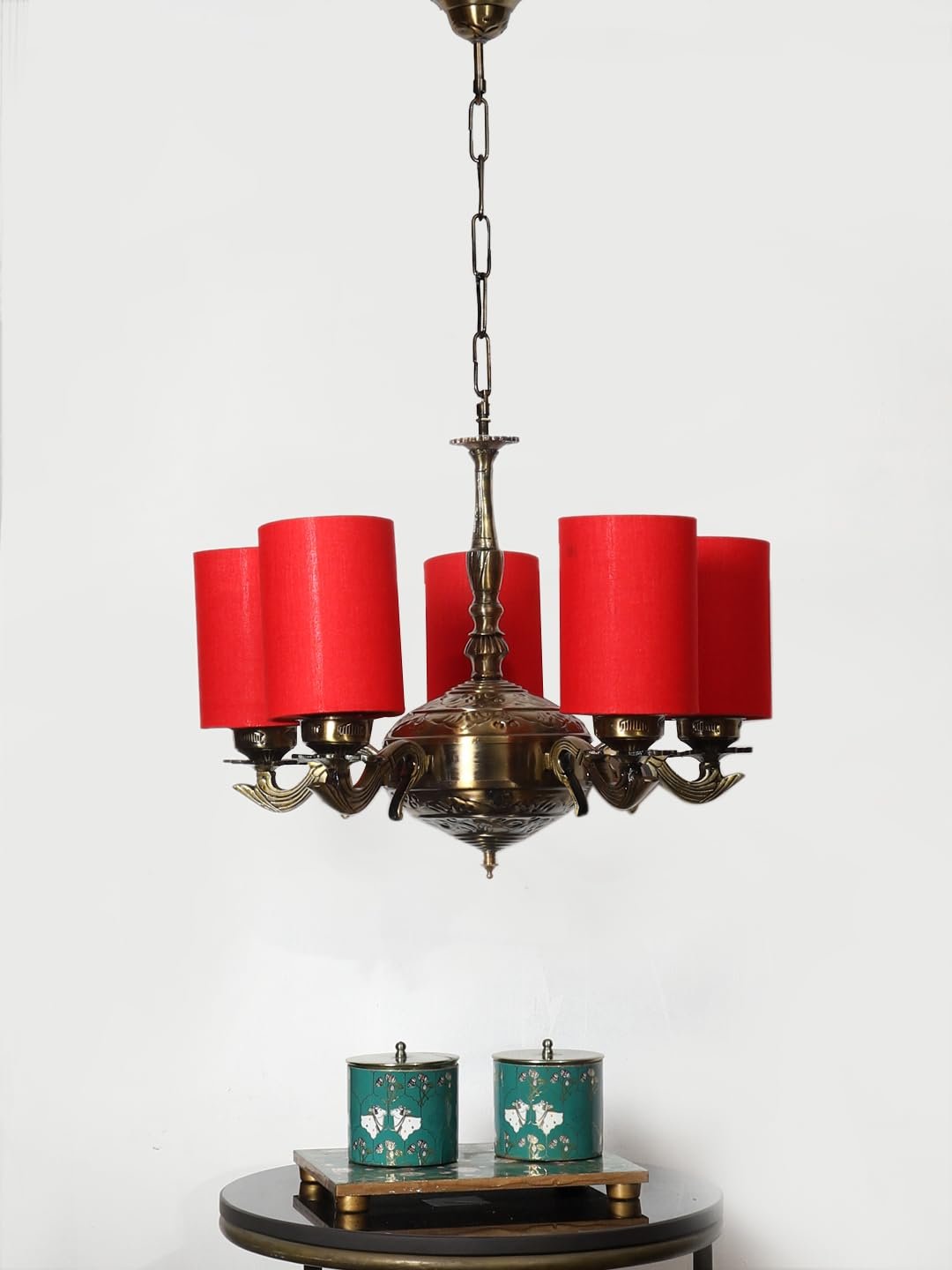 Lights Red Round Cotton Shade with Antique Golden Chandelier