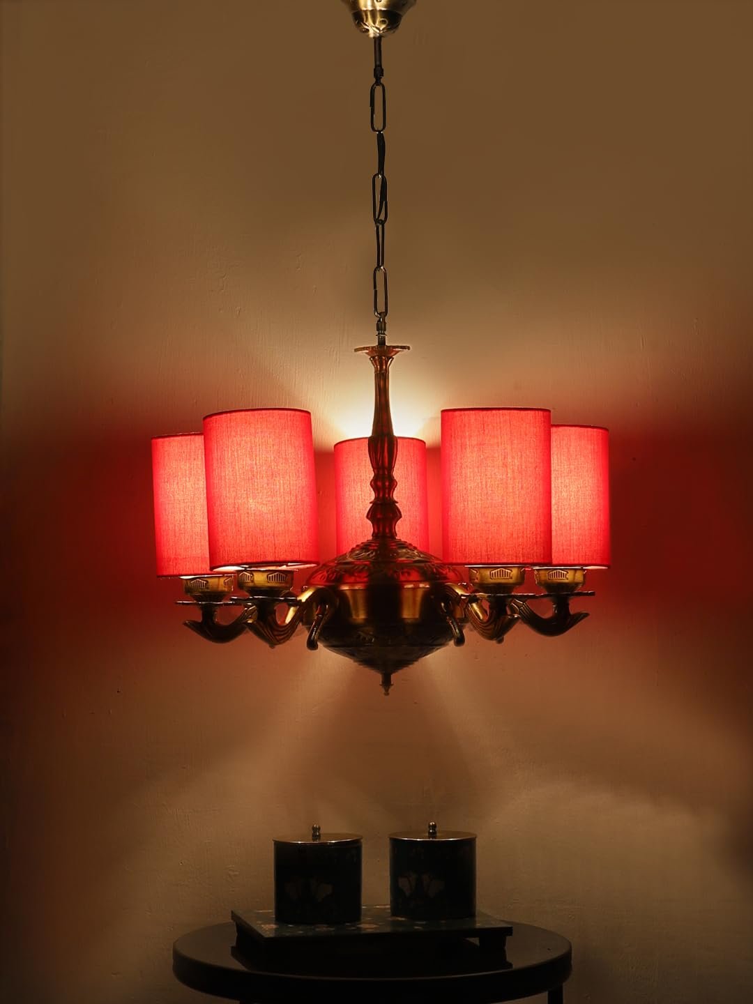 Lights Red Round Cotton Shade with Antique Golden Chandelier