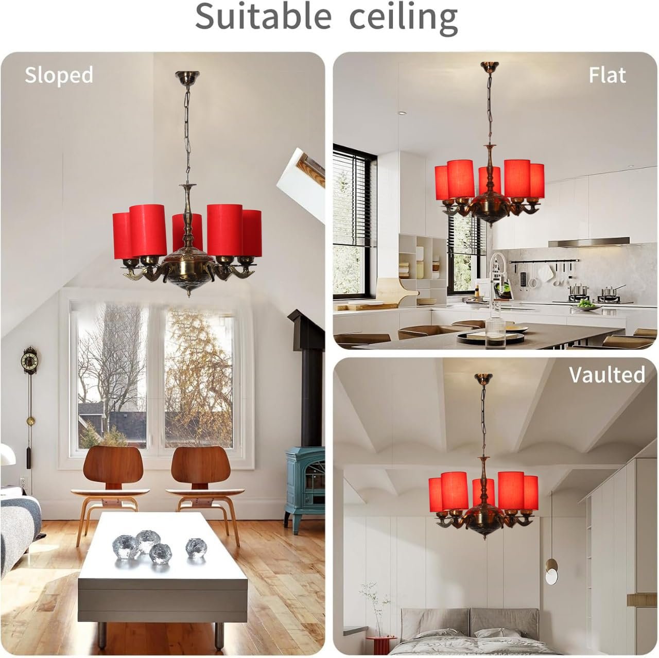 Lights Red Round Cotton Shade with Antique Golden Chandelier
