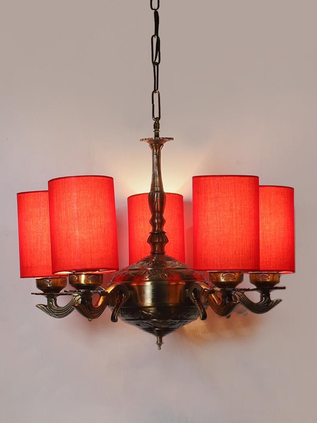 Lights Red Round Cotton Shade with Antique Golden Chandelier