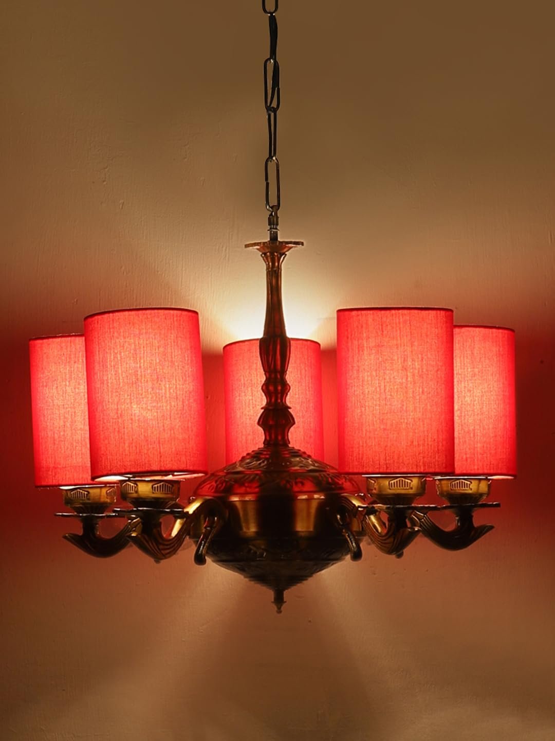 Lights Red Round Cotton Shade with Antique Golden Chandelier