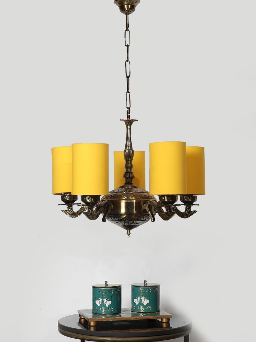 Lights Yellow Round Cotton Shade with Antique Golden Chandelier