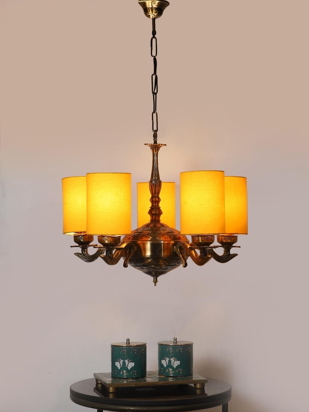 Lights Yellow Round Cotton Shade with Antique Golden Chandelier
