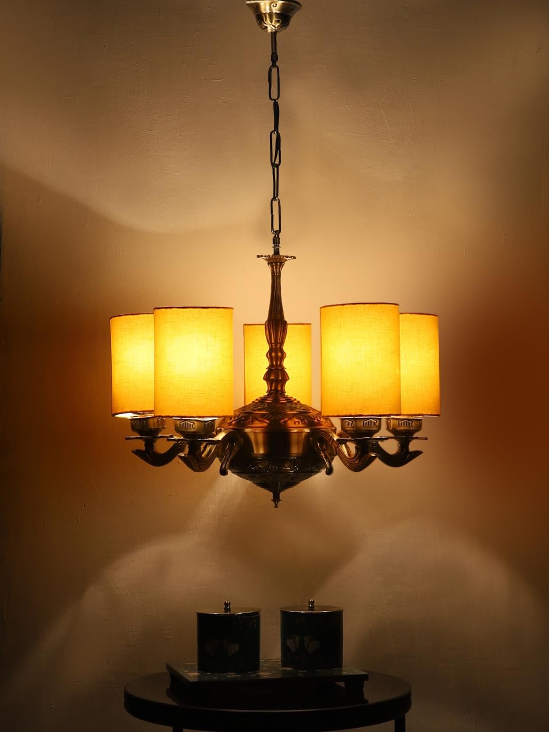 Lights Yellow Round Cotton Shade with Antique Golden Chandelier
