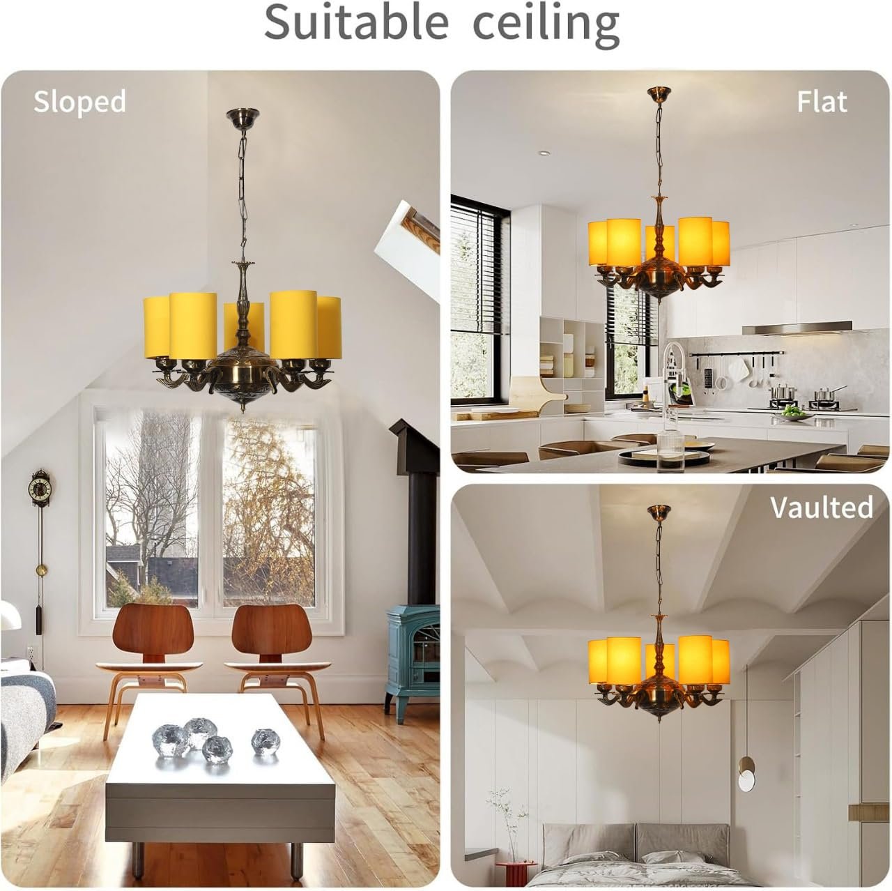 Lights Yellow Round Cotton Shade with Antique Golden Chandelier