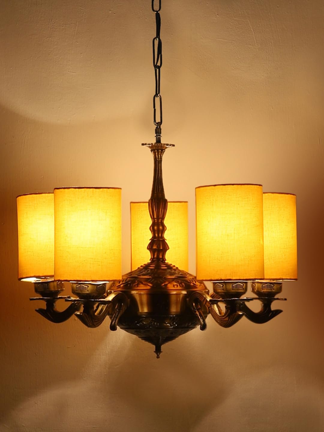 Lights Yellow Round Cotton Shade with Antique Golden Chandelier