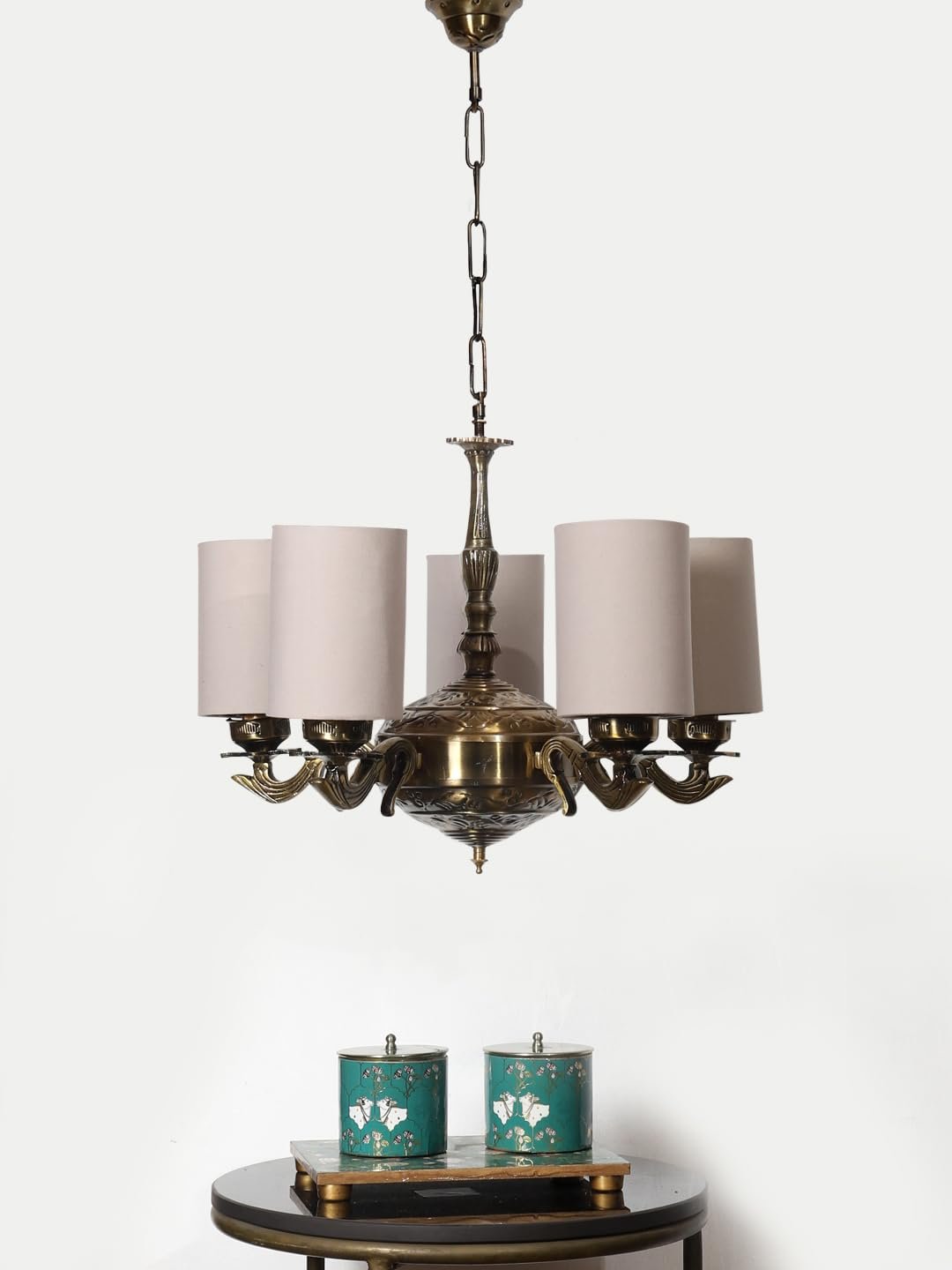 Lights Grey Round Cotton Shade with Antique Golden Chandelier