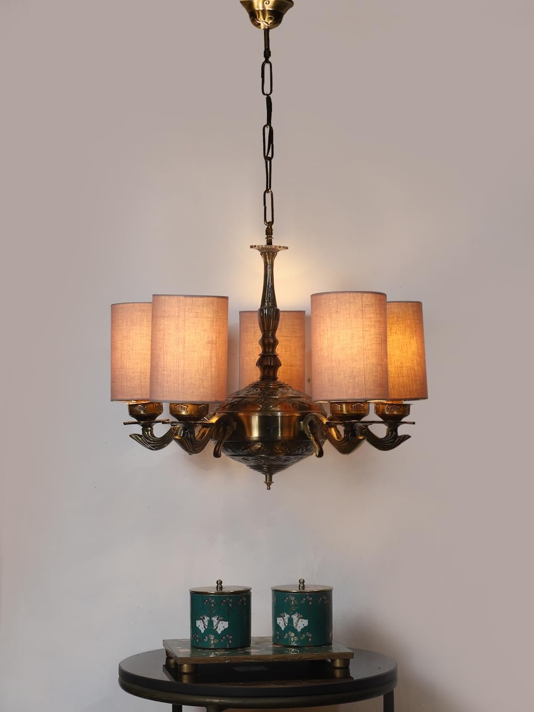 Lights Grey Round Cotton Shade with Antique Golden Chandelier