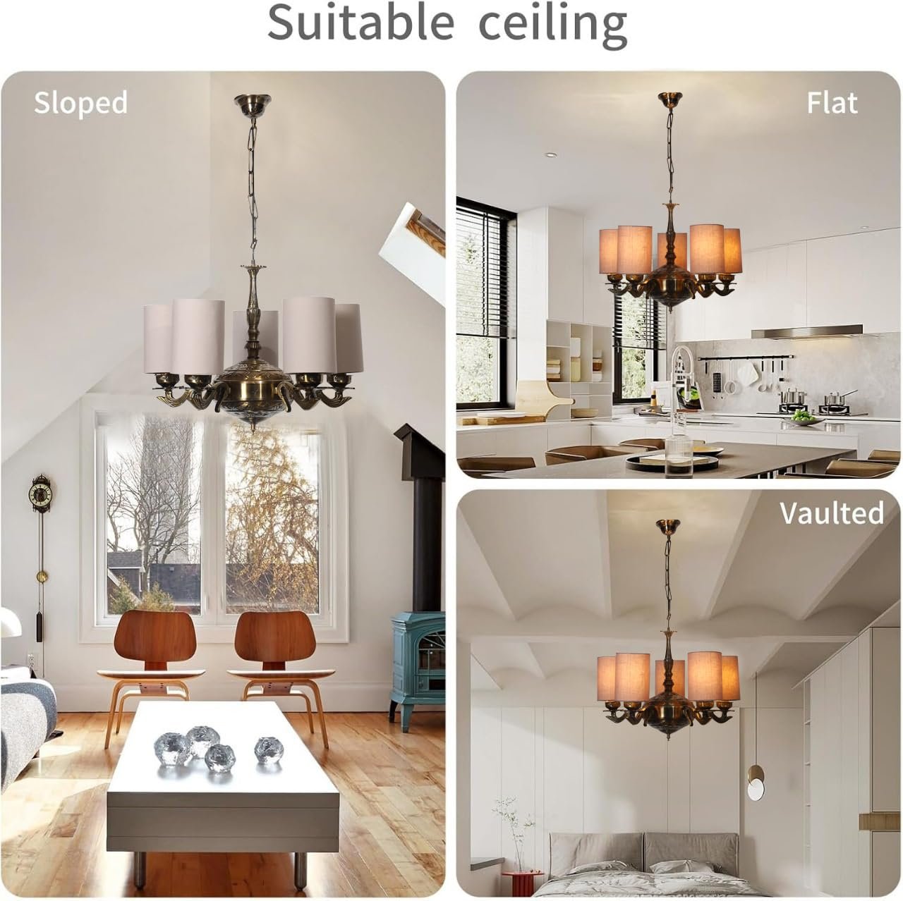 Lights Grey Round Cotton Shade with Antique Golden Chandelier