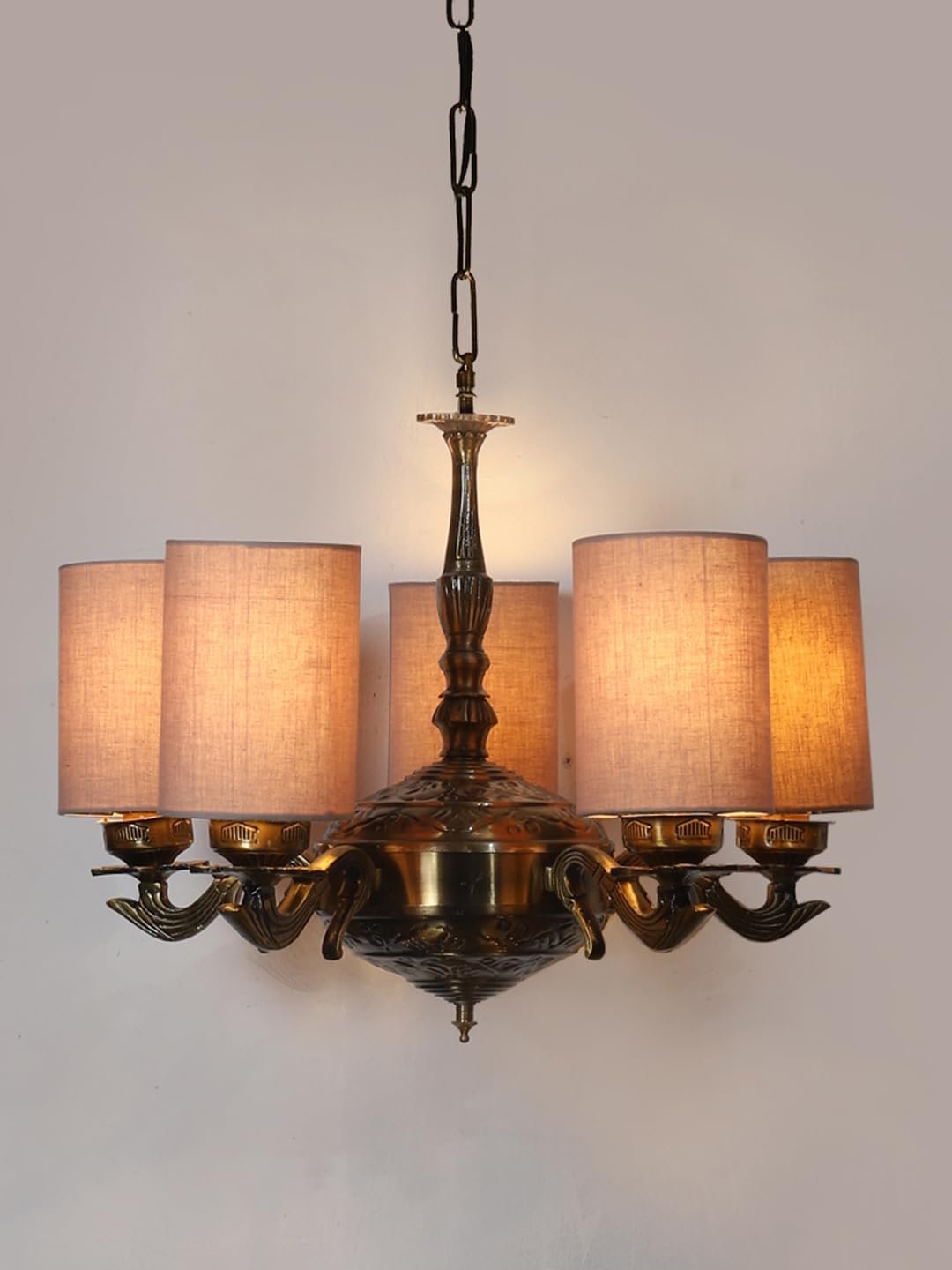 Lights Grey Round Cotton Shade with Antique Golden Chandelier