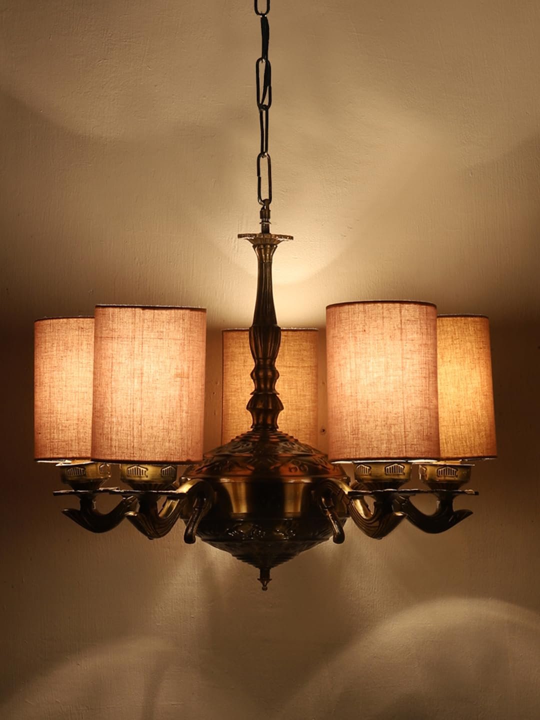 Lights Grey Round Cotton Shade with Antique Golden Chandelier