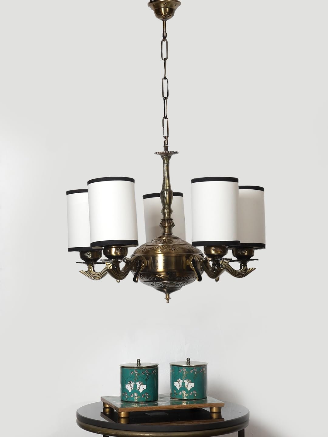 Lights White & Black Round Cotton Shade with Antique Golden Chandelier